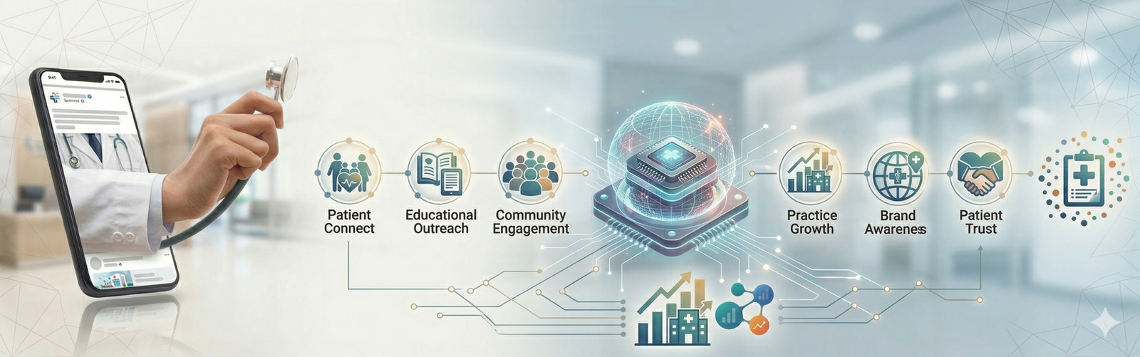 A healthcare digital marketing team analyzing hospital brand performance data on multiple screens
