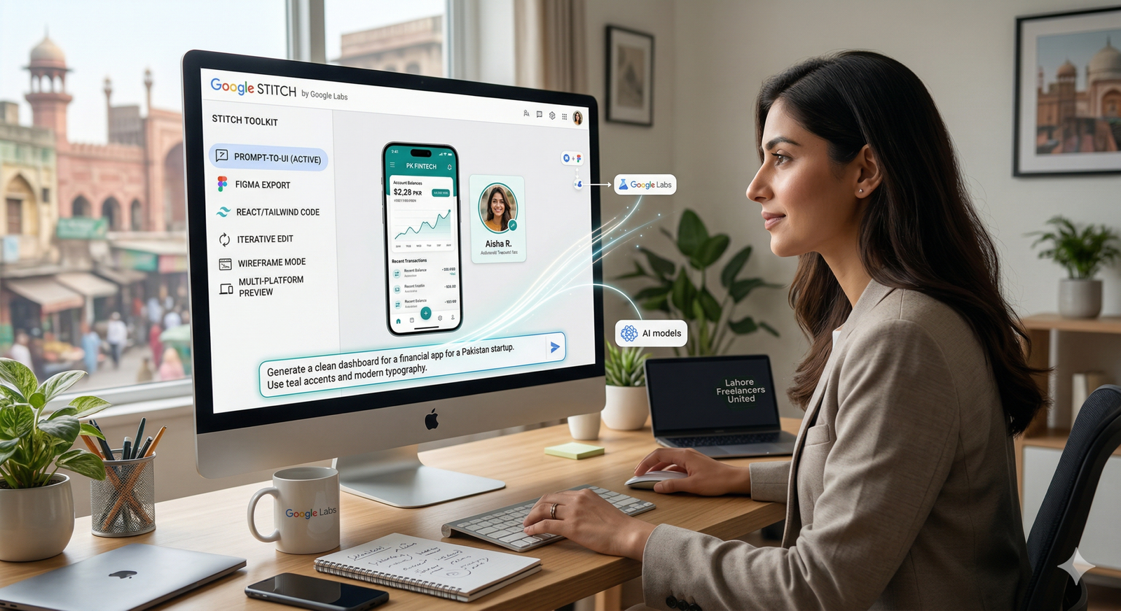 Google Stitch AI UI design tool — the official key visual showing the AI-native infinite canvas interface with mobile and web app screens generated from text prompts, by Google Labs